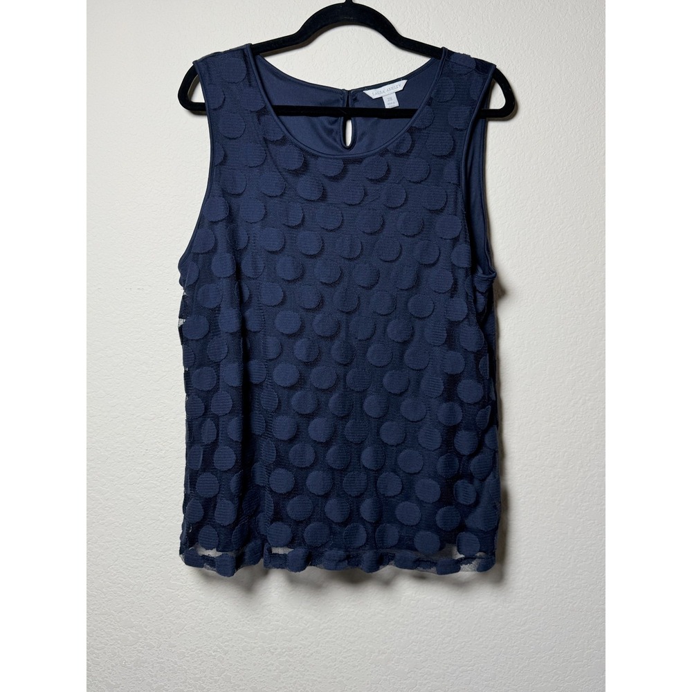 Laura Ashley navy blue textured polka dot sleeveless overlay‎ blouse Size 2X